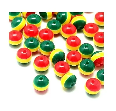 100 Beads Ghana Jamaica Rasta Red Green Yellow Striped  Colors Resin Round 6mm • $6.99