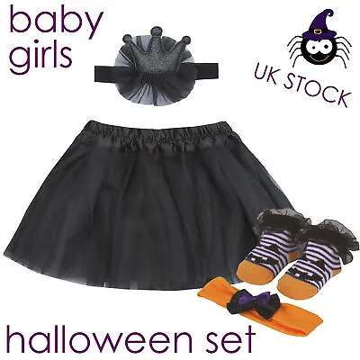 Baby Girls Halloween Tutu Costume Outfit Headband Crown Pumpkin Set 0-12 Months • £8.99