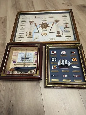 3x Nautical Themed Shadow Boxes Pictures. Boat Model Knots Flags • £120