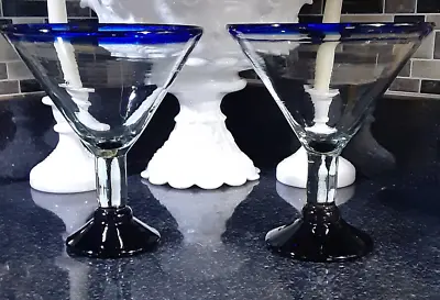 Giant Cobalt Blue Clear Mexican Recycled Margarita/Martini Glass Set Of 2 • $21.99