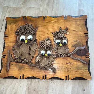 Vintage 3D Owls On Wood Plaque Mid Century Modern - Cute  12 X 9” • $14.87