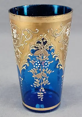 Bohemian Moser Type Hand Enameled Floral & Gold Scrollwork Cobalt Juice Glass • $295