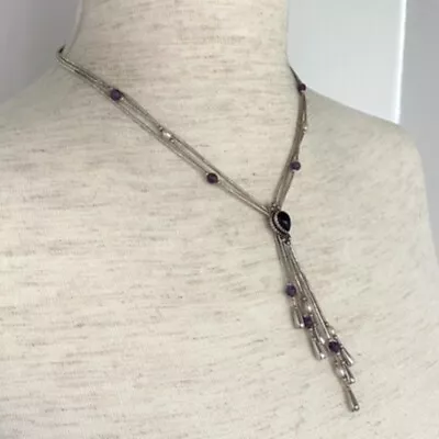 VTG QT Sterling Carlisle Jewelry Amethyst Pearl Liquid Silver Tassel Y Necklace • $120