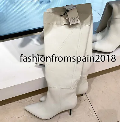 Zara New Woman Denim High-heel Knee-high Boots Beige Ecru 35-42 3089/310 • $109.88