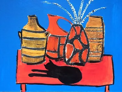 Fat Lava 1970s  W German Pottery With Cat  Retro Still Life • £40