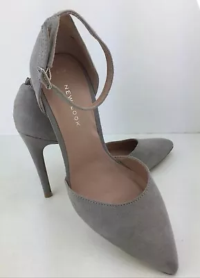 New Look Women's Grey Velvet Feel High Stiletto Heel Shoes W/ Ankle Strap. UK 3. • £10.99