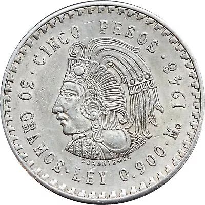 Mexico 5 Pesos 1948 Cuauhtemoc .900 Silver. AU+. KM# 465 • $40