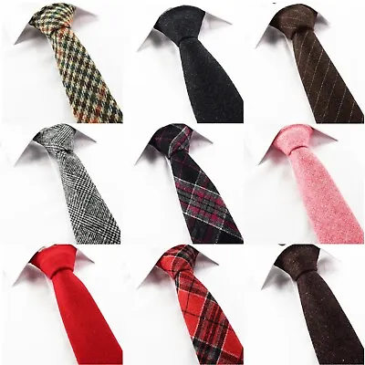 £11.99 • Buy Mens Check Wool Tie Tweed Plaid Stripe Skinny Brown Grey Red Black Pink Necktie
