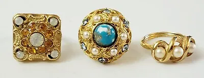 3 Vintage Avon & Unsigned Cocktail Adjustable Goldtone Ring Lot Faux Pearl Rings • $49.99