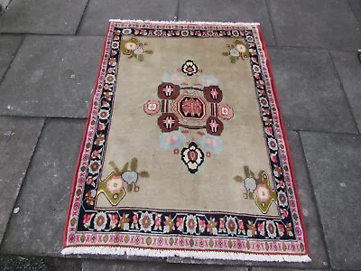 Vintage Hand Made Traditional Oriental Wool Beige Small Rug 130x95cm • £165