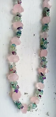 Rock Pink Rose Quartz & Rainbow Fluorite Heavy Handmade Statement 24  Necklace  • £22.99