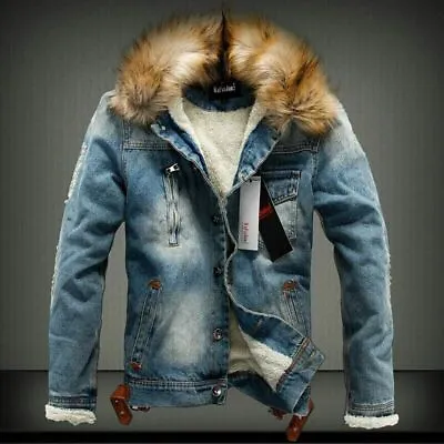 Men Fur Collar Fleece Lined Denim Jacket Casual Winter Warm Biker Outwear Coat.+ • £43.52