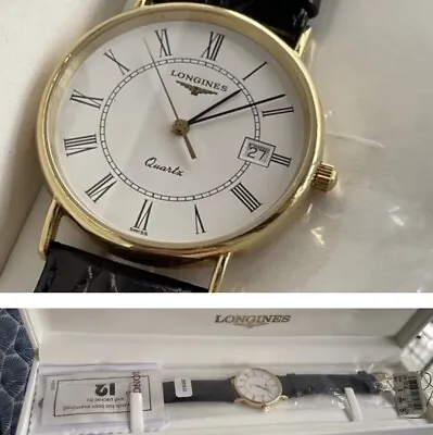 18ct Solid Gold Longines L7.999.6.11.2 35mm Quartz Date Watch Full Set 1990s NOS • £650