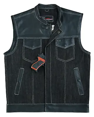 Men's Denim & Leather Motorcycle Vest With Dual Conceal Carry & White Stitching • $74.66