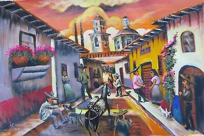 Mexican Pueblo Town Village Mission Church Scene With Town Villagers Size 24 X36 • $300