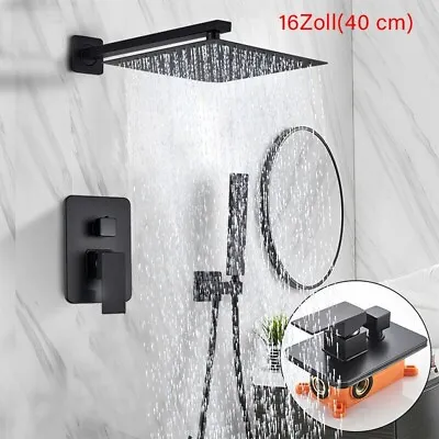 Black Concealed Bathroom Shower Mixer Set 40cm Rainfall Head Square Valve System • £79