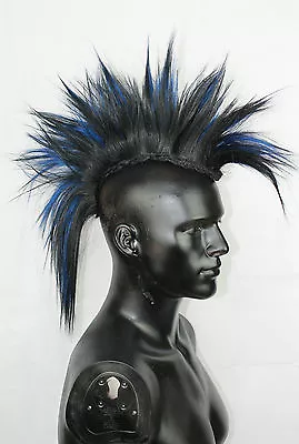 Black & Blue Mohawk Head Piece Glued Or Clip In Mens Wig Unisex Human Hair • $174.07