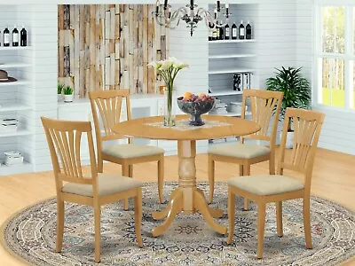 5pc Dinette Set 42  Round Drop Leaf Kitchen Pedestal Table + 4 Padded Chairs Oak • $539