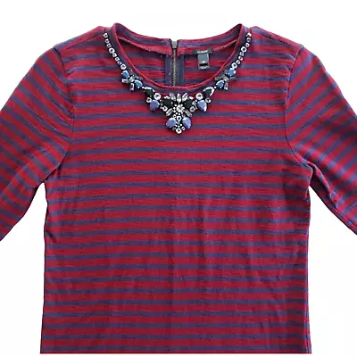 J.Crew T-Shirt Womens XS Red Blue Stripe Jewel Neck Embellished Preppy Classic • $14.95