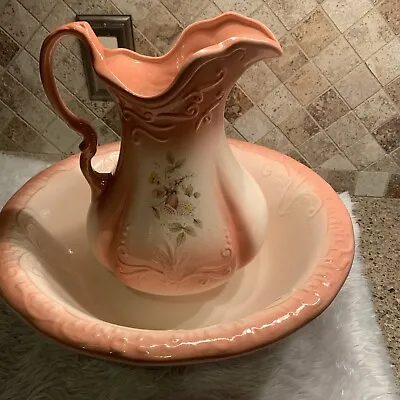 Ironstone Pitcher And Bowl Antique Large  Floral Pink Bowl/Basin Set Vtg • $59