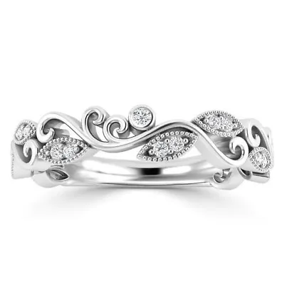 Vintage 1/10CT Simulated Diamond Leaf Eternity Wedding Band White Gold Plated • $79.99