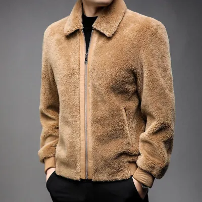 100% Lamb Fur One-piece Coat Men Loose Lapels Thickened Sheep Shear Leather Coat • $387.14