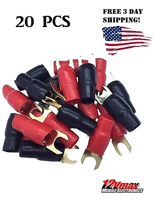 High Quality 4 Gauge Gold Spade Terminals 5/16 W RED BLACK Sleeves 20 Pack  • $10.99