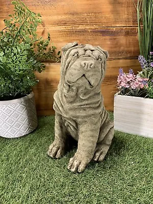 Stone Garden Sitting Shar-pei Pug Dog Detailed Cute Gift Concrete Ornament • £31.30