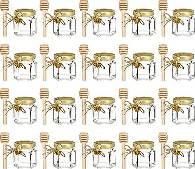 20Pack Mini Honey Jars Elegant Glass Honey Pot With Honey Dipper Gold Lid Bee • $27.50