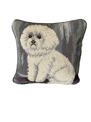 Vintage Bichon Wool Needlepoint Throw Pillow 9x9 White Dog Velvet Zipper Back • $45