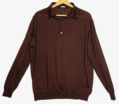 Malo Polo Sweater Size 56 Cashmere Silk Fine Knit 3 Button Collared Mens Brown • $250