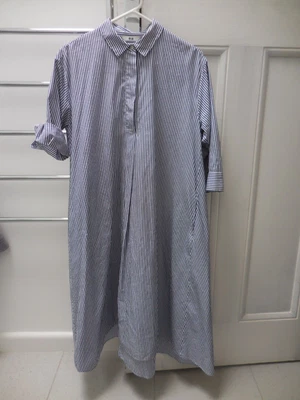 $25 • Buy Uniqlo Navy Blue White Stripe A Line Cotton Midi Shirt Dress Slit Pockets M L Ec