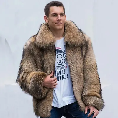 Mens Real Raccoon Fur Coat Natural Fluffy Bomber Jacket Lapel Winter Outwear ​ • $998.30