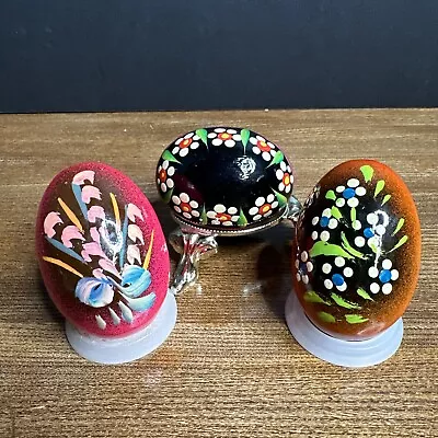 Vintage Hand Painted Wooden Eggs Flower Designs Folk Art Set Of 3 • $10