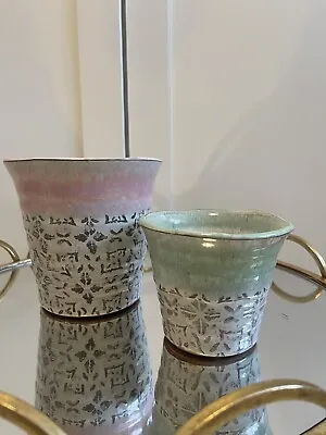 Set Of 2 Laura Ashley Indoor/outdoor Ceramic Planters In Blush Pink & Mint Green • £15