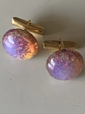Pink Fire Faux Opal Gold Tone PAT Number Vintage Cufflinks  Round  Men • $12