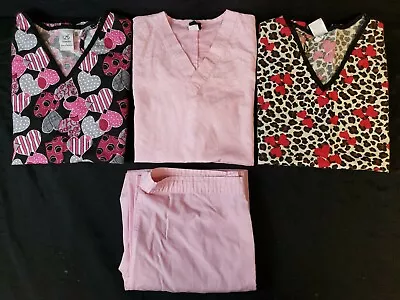 Women Scrubs Barco Uniforms Pink Set M Top S Pants Bottoms & 2 L Heart Print Top • $19.99