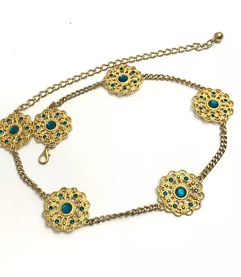 Women's Chain Belt One Size VTG Gold Metal Filigree Jeweled Blue Rhinestones • $25.49