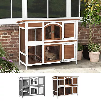 Two-Tier Wooden Rabbit Hutch Bunny Run W/ Openable Roof Slide-Out Tray Ramp • £124.99