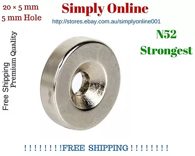 2X Rare Earth Magnets 20mm X 5mm Countersunk Disc Hole N52 Neodymium Strong Big • $9.02