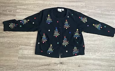 Michael Simon Lite Christmas Tree Sweater Cotton Cardigan Sz XL Stars Trees • $50