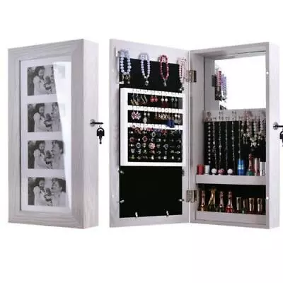 New Wall Mounted Makeup Jewelry Box W/Photo Mirror Armoire Bathroom Cabinet Wood • $40.99