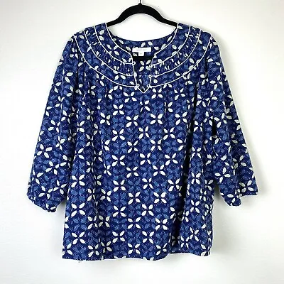 Pure Jill J.Jill Elements Collection Womens Blue White Floral Gathered Blouse L • $27.99