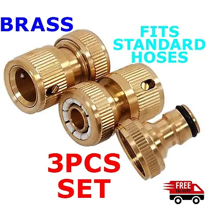 3Pc Universal Hose Pipe Tap Brass Connector Adaptor Fitting Garden Watering Set • £8.39