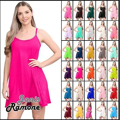 Womens Plain Cami Dress Strappy Swing Sleeveless Flared Long Camisole Mini Top • $14.84