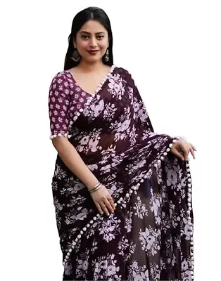 Women's Floral Printed Georgette Lace Work Saree With Blouse Piece Wine Color • £22.80