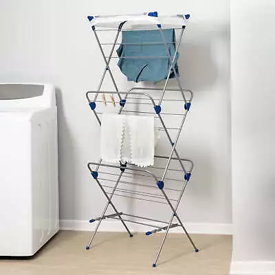 3-Tier Folding Accordion Steel Clothes Drying Rack With Mesh Top Silver/Blue US • $28.99