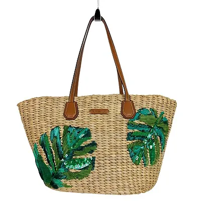 LikeNEW RARE Michael Kors Malibu Palm LARGE Straw Woven Trapezoid Tote Beachy • $169.99