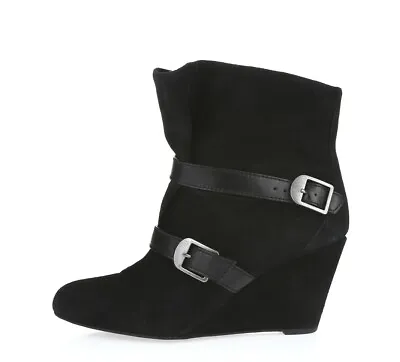 Via Spiga Felice 228660 Black Suede Pull On Wedges Ankle Buckle Boots Size 8 M • $72.25