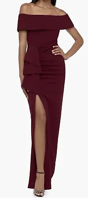 NWT Xscape Women’s Off The Shoulder Crepe Evening Gown Burgundy Size 12 • £97.81